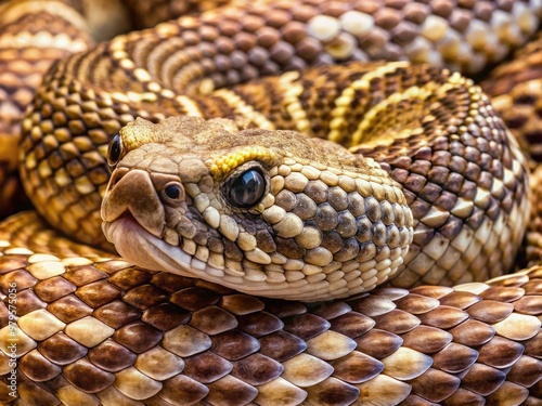 Vibrant, intricately patterned skin of a western diamondback rattlesnake, showcasing subtle shades of brown, gray, and cream, with textured scales and distinctive diamond markings. photo