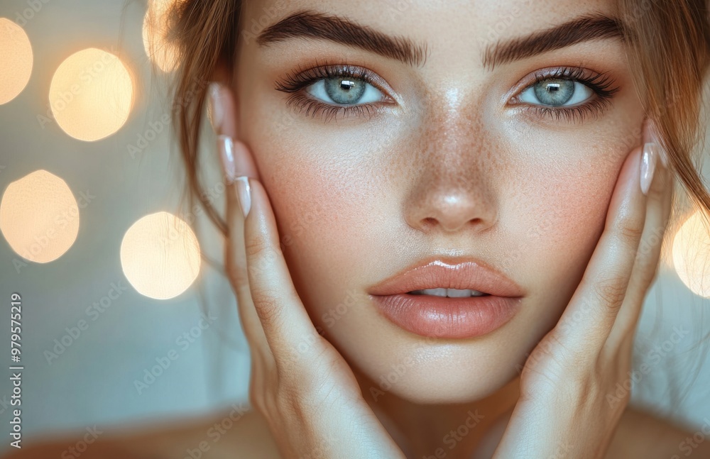 Beautiful woman with flawless skin gently touching her face, showcasing perfect hands, soft elegance Beautiful woman with flawless skin gently touching her face, showcasing perfect hands, soft elegance
