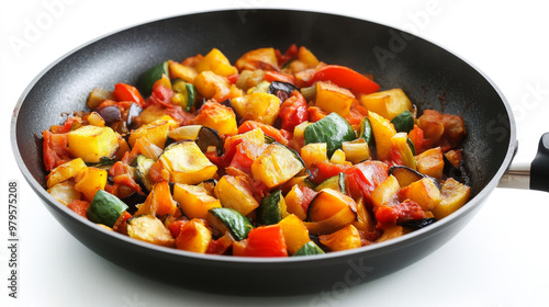 A delicious ratatouille is cooking in a frying pan, set against a plain white background. photo