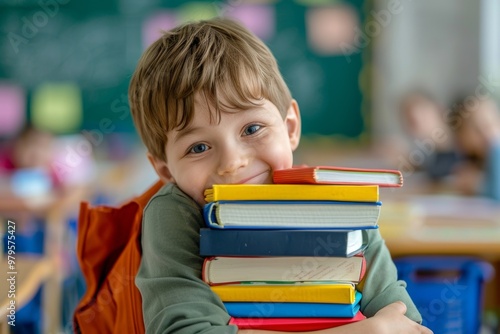 Diverse classroom scene happy child hugging books reflecting knowledge and laughter. Lively classroom joyful child hugs books representing childhood and learning. Bond of students  photo