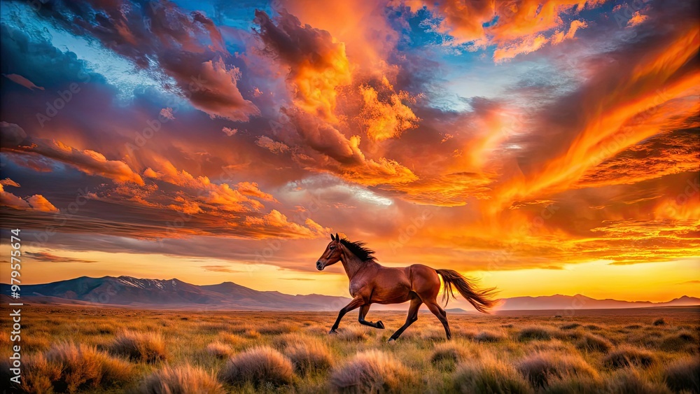 Vibrant orange and pink hues illuminate a serene western landscape as a lone horse gallops freely beneath a majestic, cloud-dotted sky at dusk. Vibrant orange and pink hues illuminate a serene western landscape as a lone horse gallops freely beneath a majestic, cloud-dotted sky at dusk.