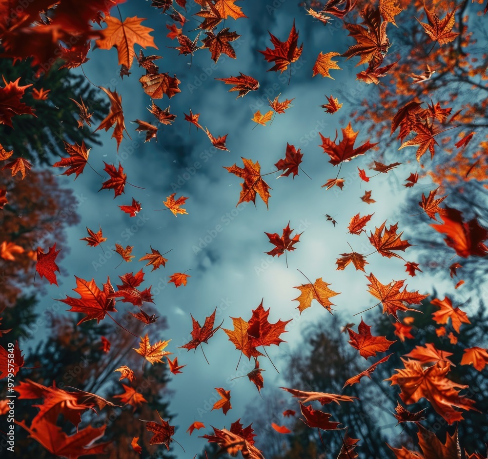 Red and golden colored autumn leaves falling down from a tree Red and golden colored autumn leaves falling down from a tree