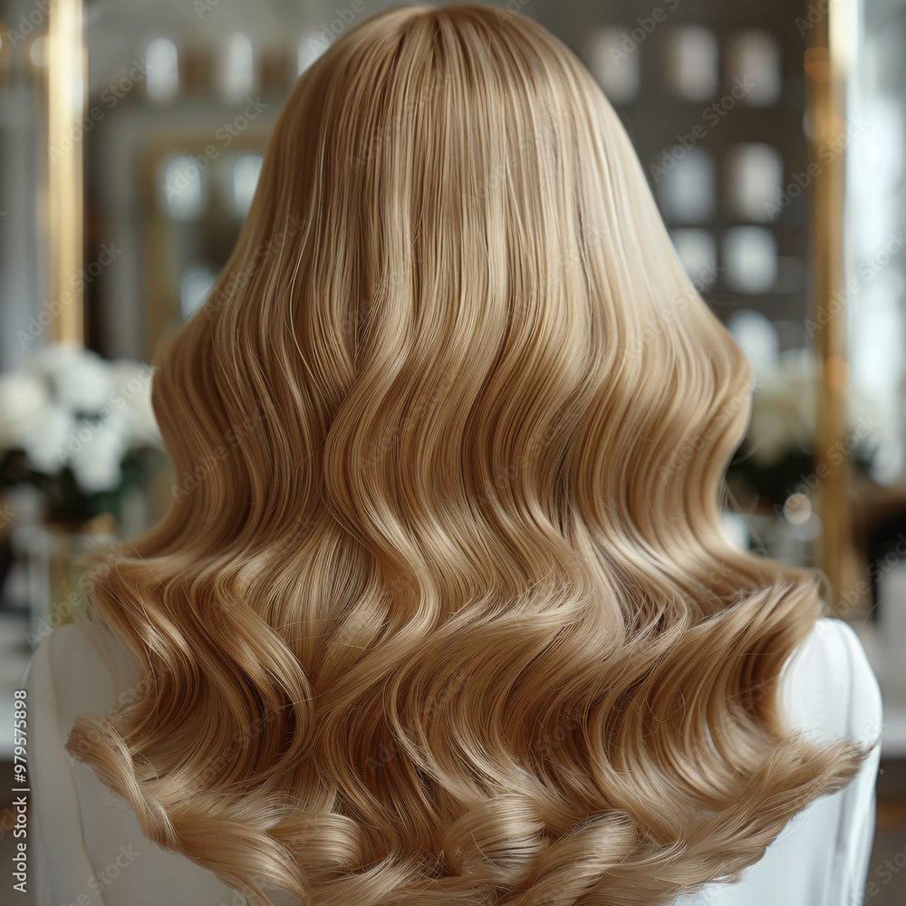 The back view of a soft, curly blonde wig, beautifully displayed in a chic salon setting, bathed in warm lighting and surrounded by tasteful floral arrangements The back view of a soft, curly blonde wig, beautifully displayed in a chic salon setting, bathed in warm lighting and surrounded by tasteful floral arrangements