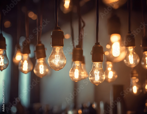 Light bulbs hanging from the ceiling. Cozy atmosphere