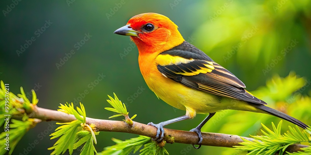 Fototapeta premium Vibrant orange-headed male Western Tanager perches on a lush green branch, showcasing bright yellow body and distinctive songbird features in a natural forest setting.