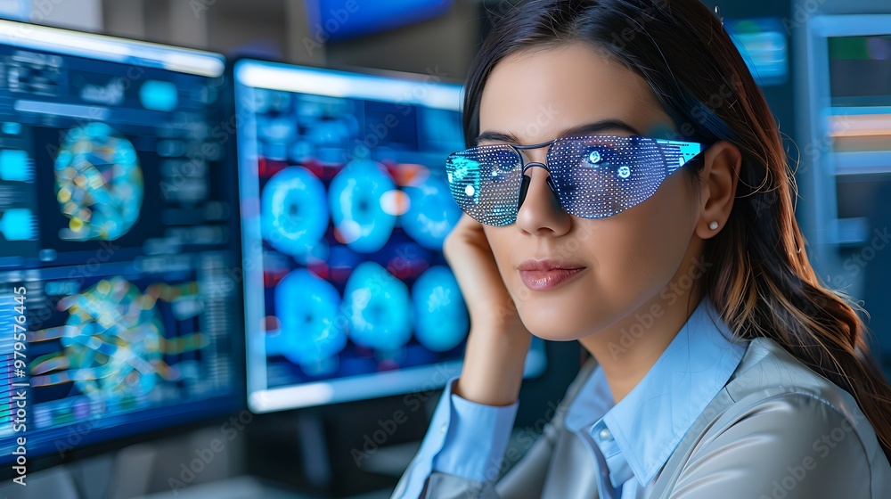 A woman wears futuristic glasses, her eyes fixed on a computer screen filled with flowing data. A woman wears futuristic glasses, her eyes fixed on a computer screen filled with flowing data.
