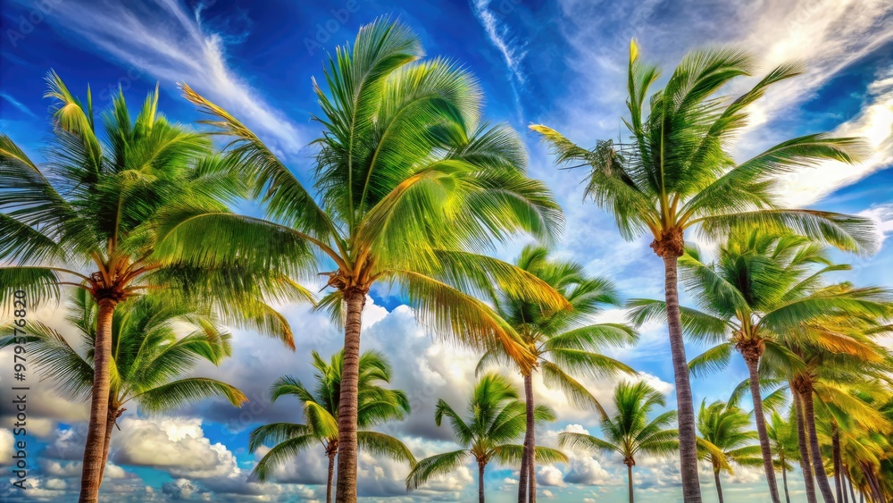 Vibrant palm trees with curved trunks and feathery leaves sway gently in the breeze, set against a serene blue sky with wispy white clouds. Vibrant palm trees with curved trunks and feathery leaves sway gently in the breeze, set against a serene blue sky with wispy white clouds.