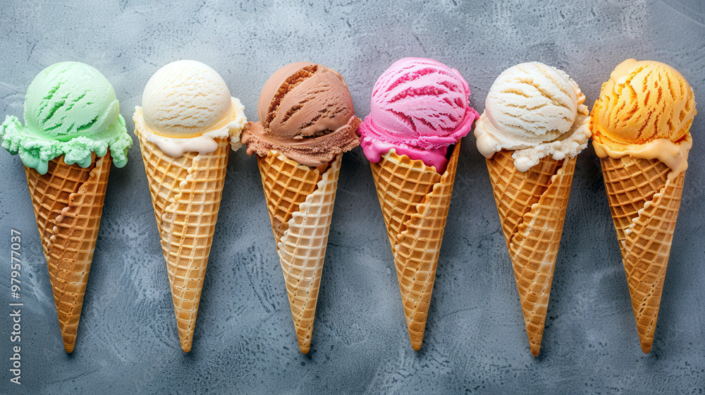 Bright ice cream cones of different flavors and tastes on a gray background top view. Fruit sorbet set Bright ice cream cones of different flavors and tastes on a gray background top view. Fruit sorbet set