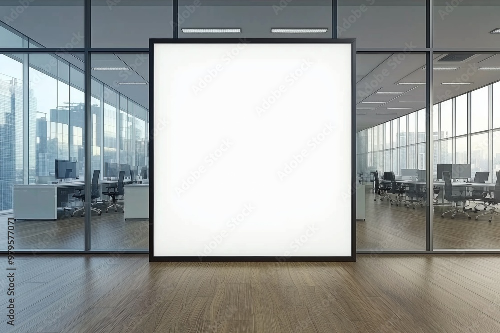 Cute nice office with a large blank poster wall with copy space Cute nice office with a large blank poster wall with copy space