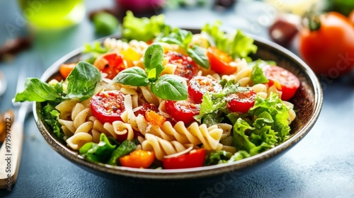 Fresh, healthy salad with wholegrain pasta and veggies.