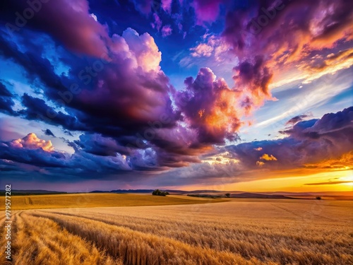 Vibrant purple-blue clouds gather at dusk, excluding sunlight, casting a serene and dramatic shadow over a vast, rolling landscape of golden wheat fields. photo