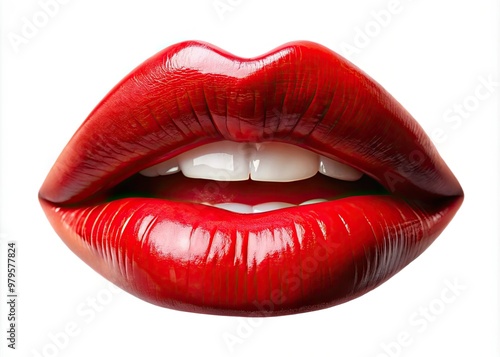 Vibrant red lips with subtle gloss and gentle curl, slightly parted to reveal a hint of white teeth, isolated on a transparent background.