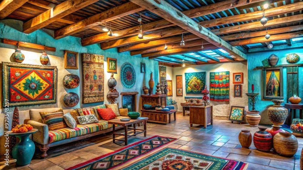 Vibrant southwestern art-filled gallery with rustic wooden beams, stucco walls, and turquoise accents, showcasing colorful Native American-inspired pottery and woven textiles on display. Vibrant southwestern art-filled gallery with rustic wooden beams, stucco walls, and turquoise accents, showcasing colorful Native American-inspired pottery and woven textiles on display.