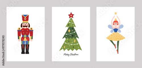 Vector set of greeting cards of nutcracker, ballerina and christmas tree. Merry Christmas conceptInterior poster. Hand drawn illustration.
