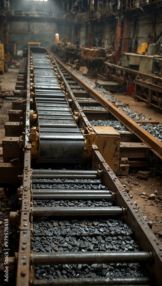 Conveyor belt moving rocks in an industrial setting with machinery and gears. Conveyor belt moving rocks in an industrial setting with machinery and gears.