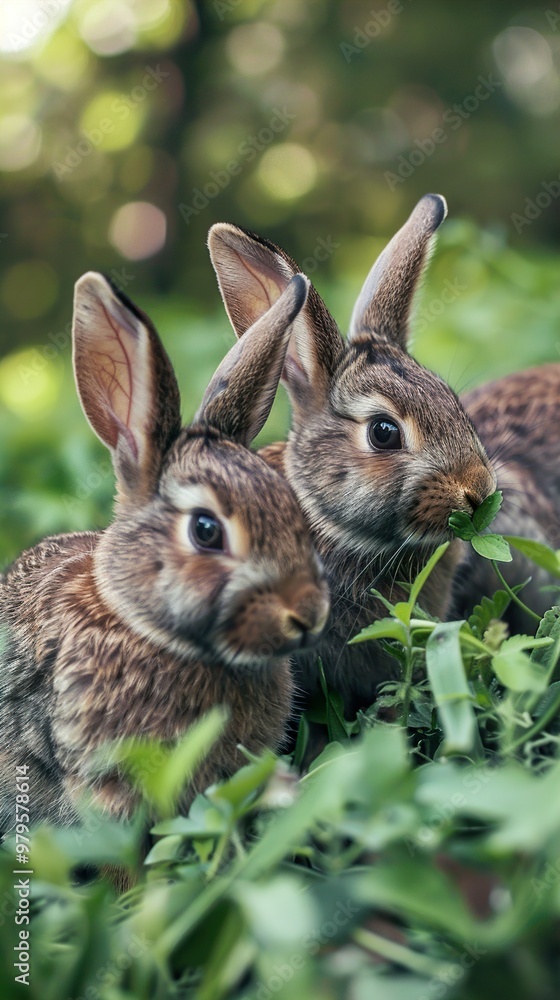 Fototapeta premium Two adorable brown rabbits eating green grass in a garden.