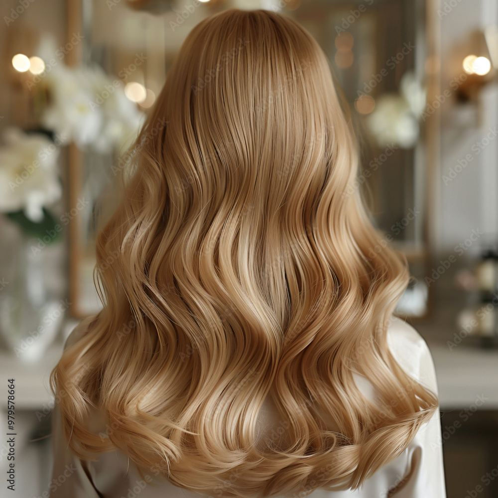 Flowing blonde wavy hair with soft curls is seen from the back, set against the backdrop of a chic, brightly lit salon with sophisticated and elegant decor Flowing blonde wavy hair with soft curls is seen from the back, set against the backdrop of a chic, brightly lit salon with sophisticated and elegant decor
