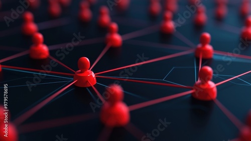 Abstract connections between individuals represented by red figures and lines, symbolizing networking and communication.