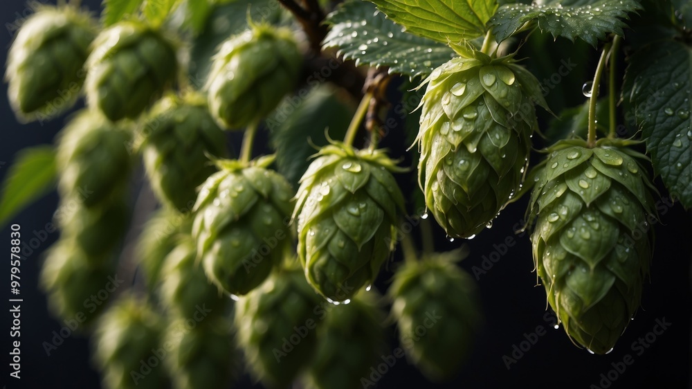 Fresh green hops with water droplets for brewing Fresh green hops with water droplets for brewing