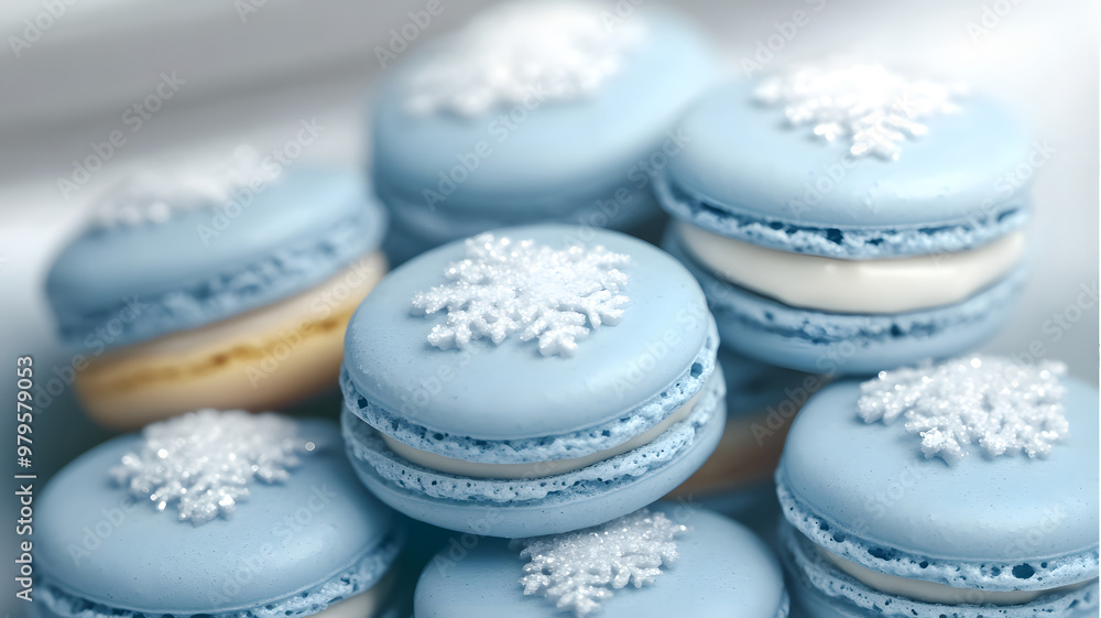 Assortment of macarons resembling a winter landscape, in shades of pastel blue and white with silver dust, on a soft gray canvas. Assortment of macarons resembling a winter landscape, in shades of pastel blue and white with silver dust, on a soft gray canvas.