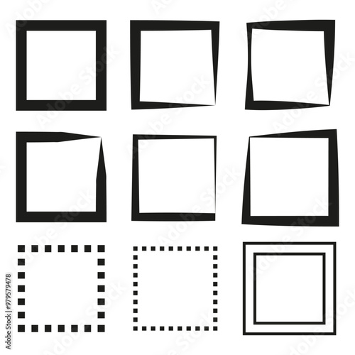 Abstract square icon set. Geometric distorted frames. Black outlined shapes. Minimalist design elements.