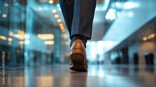 Close-Up of Businessman's Shoes and Pant Leg Walking in Office Building, Golden Hour Lighting