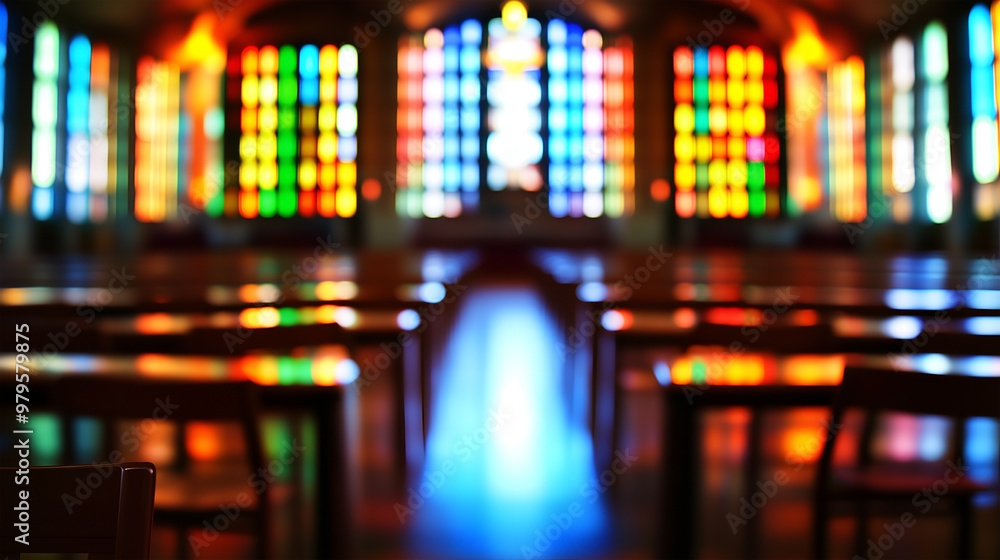Obraz premium Stained glass windows illuminating a church interior on a sunny day