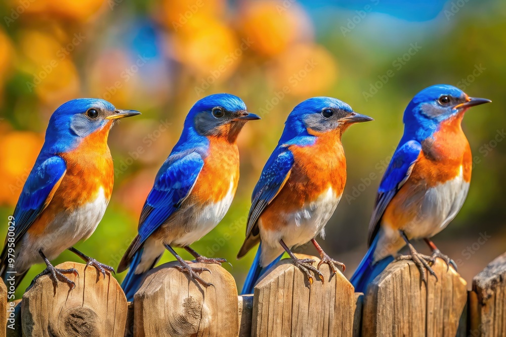 Obraz premium Vibrant western bluebirds perched on rustic wooden fence, showcasing iridescent feathers, bright orange chest, and curious gazes amidst a serene, sun-kissed rural landscape.