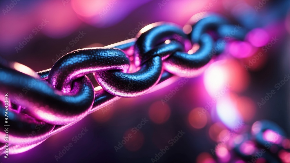Fototapeta premium Futuristic neon-illuminated metallic chain with bokeh effects