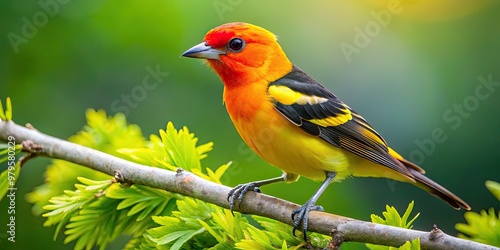 Vibrant western tanager perched on a branch amidst lush green foliage, showcasing its bright orange head, yellow body, and black wings in stunning natural habitat.