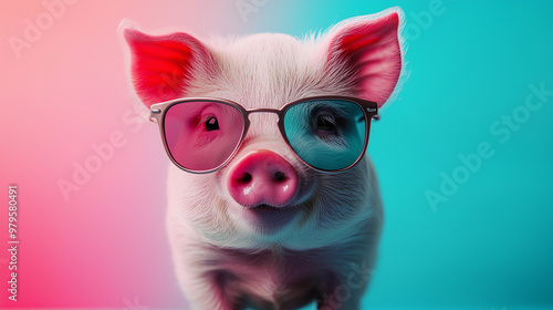 Funny pig with sunglasses in front of a colorful neon background