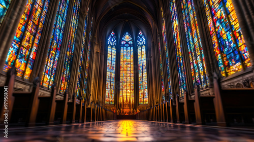 Majestic church interior with colorful stained glass windows at sunset in peaceful worship setting