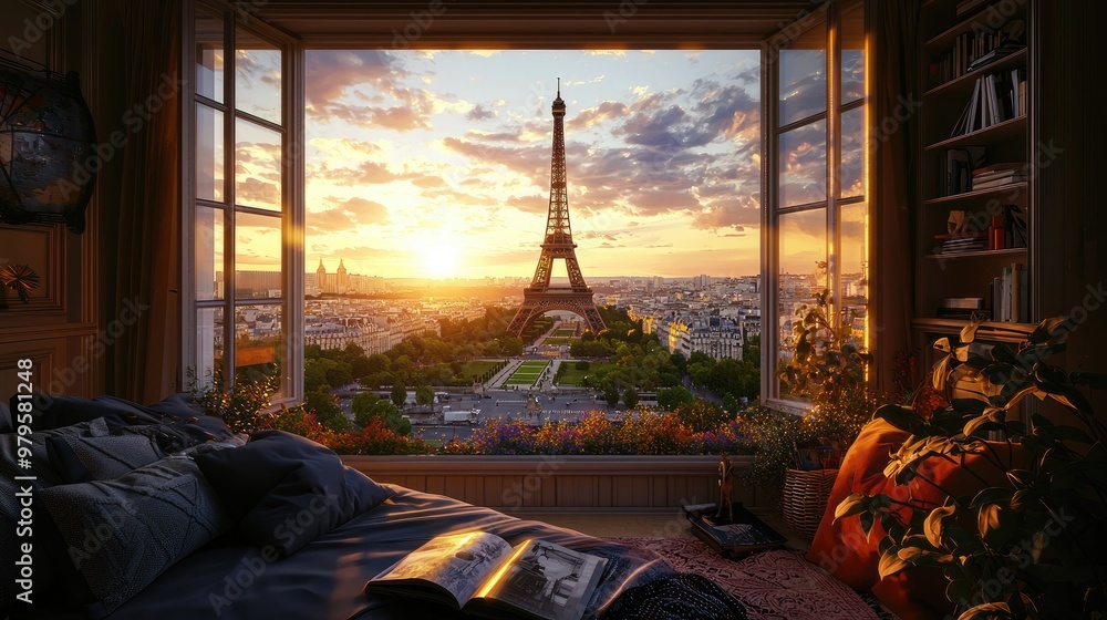 Obraz premium A overlooking view from high biuiding to the Eiffel Tower at golden sunset, the romantic cityscape view outside the window. A cozy reading nook