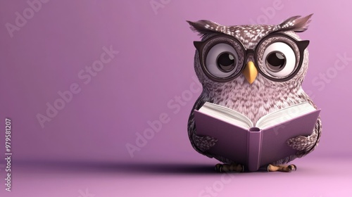 A wise owl cartoon character with a book, wearing glasses, isolated on a pastel purple background. photo