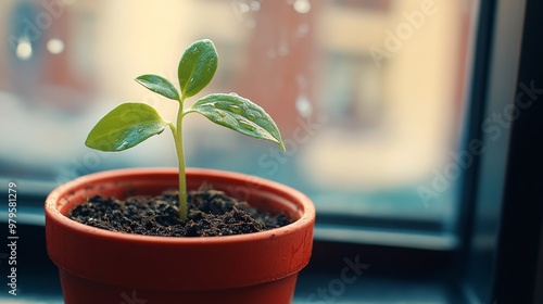 Avocado sprout in red pot photo