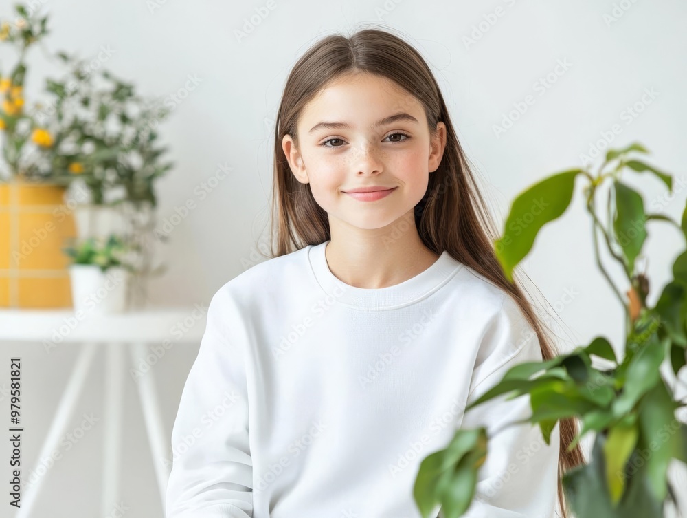 Young girl in blank crewneck sweatshirt, sitting casually, modern casual wear, perfect for fashion mockup and design templates Young girl in blank crewneck sweatshirt, sitting casually, modern casual wear, perfect for fashion mockup and design templates