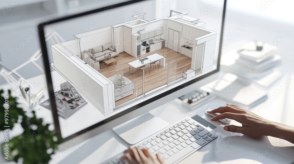 a person rearrange a 3d floor plan through a computer a person rearrange a 3d floor plan through a computer
