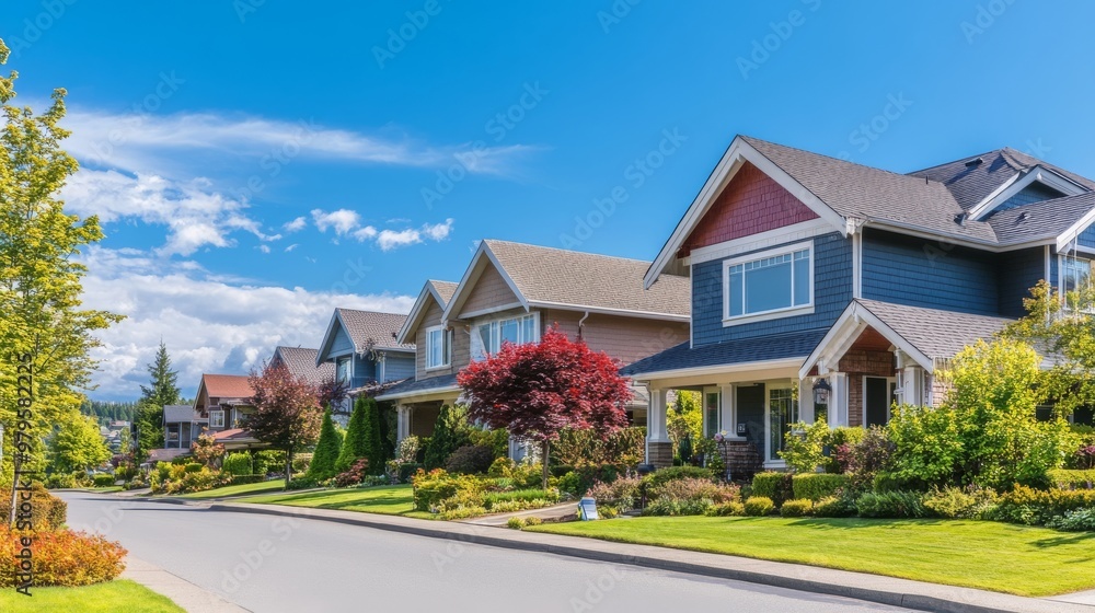 Charming neighborhood in a summery North American suburb with a glimpse of a luxurious home featuring large windows. Charming neighborhood in a summery North American suburb with a glimpse of a luxurious home featuring large windows.