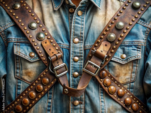 Weathered leather bandolier adorned with ornate metal studs and rivets, worn over a worn denim shirt, evoking a rugged, Old West frontier spirit. photo