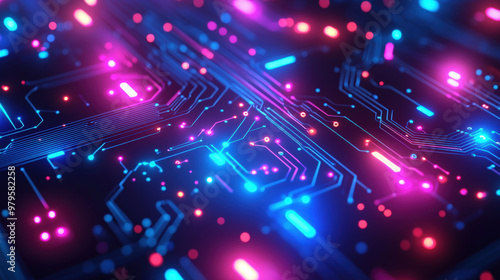 A vibrant digital circuit board pattern with glowing connections creates mesmerizing visual effect. interplay of blue, pink, and purple lights evokes sense of advanced technology and innovation