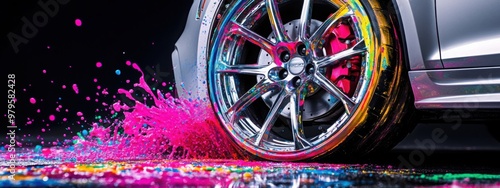 A silver and rainbow-colored car wheel with colorful paint splashes on it