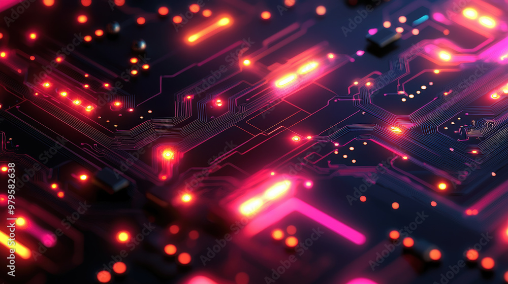 A vibrant digital circuit board pattern with glowing connections creates mesmerizing visual effect. intricate design showcases blend of technology and art, evoking sense of innovation and modernity A vibrant digital circuit board pattern with glowing connections creates mesmerizing visual effect. intricate design showcases blend of technology and art, evoking sense of innovation and modernity