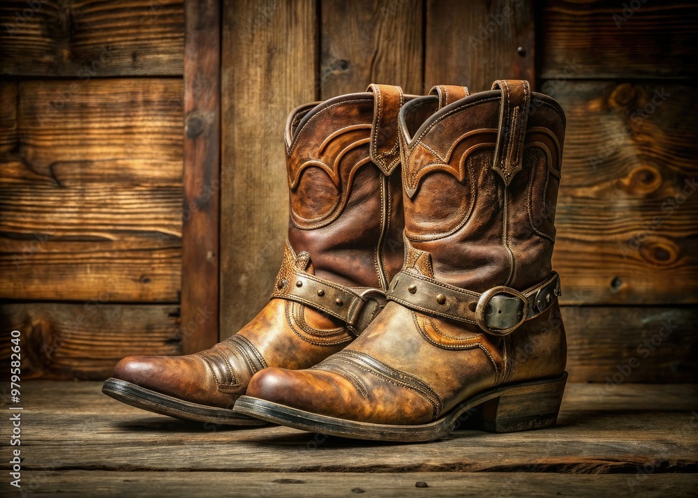 Weathered, worn, and worn-out, a pair of vintage brown leather cowboy boots with intricate stitching and ornate buckles sit alone on a rustic wooden floor. Weathered, worn, and worn-out, a pair of vintage brown leather cowboy boots with intricate stitching and ornate buckles sit alone on a rustic wooden floor.