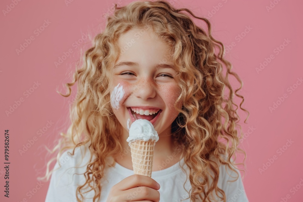 Glowing young girl sunlight full of genuine and friendly vibes. Child's eyes sparkle while eating ice cream. Bliss of adolescence captured moment of pure genuine emotion. Glowing young girl sunlight full of genuine and friendly vibes. Child's eyes sparkle while eating ice cream. Bliss of adolescence captured moment of pure genuine emotion.