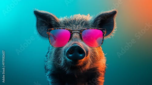 Funny smiling boar with colorful neon background photo