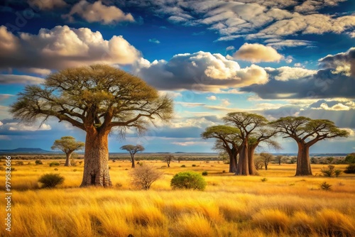 Western African savanna landscape featuring majestic baobab trees and dry savannah grasslands stretching towards the horizon. photo