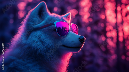 A wolf with sunglasses in a forest with neon background photo