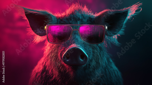 Funny smiling boar with colorful neon background photo