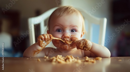 Baby eats messily on table photo