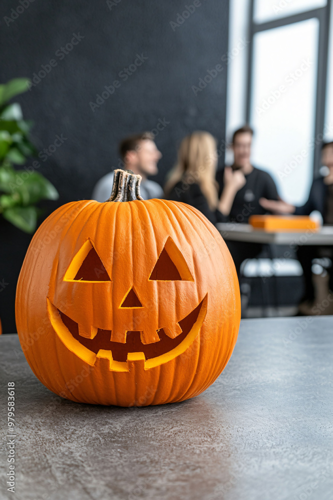 A carved pumpkin with cheerful face sits on table, creating festive atmosphere in modern office setting where colleagues are engaged in conversation A carved pumpkin with cheerful face sits on table, creating festive atmosphere in modern office setting where colleagues are engaged in conversation